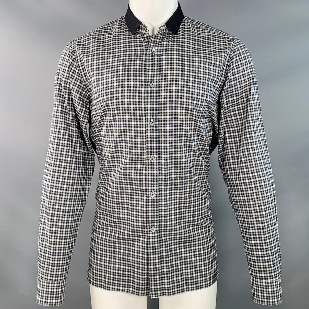 LANVIN Size M Navy Green White Plaid Cotton Contrast Collar Long Sleeve Shirt